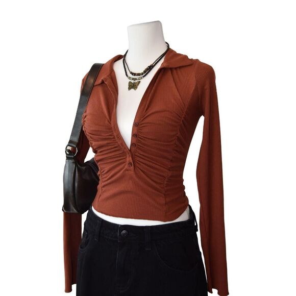 Urban Outfitters Coquette Soft Sultry Ruched Top Rust Brown Sz M Y2K - Picture 2 of 7